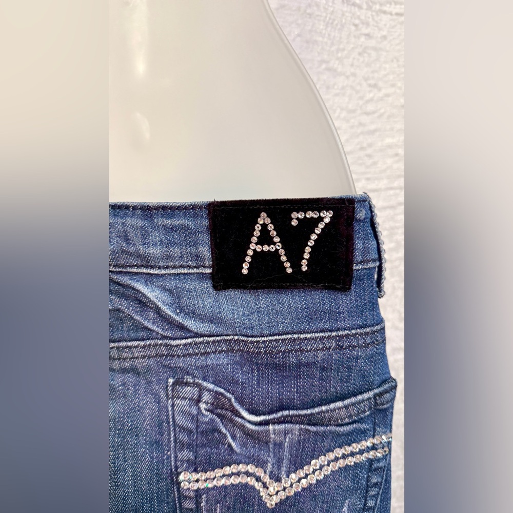 A7 Rhinestone Bling Denim Mini Skirt M Destroyed Ripped 7 For All Mankind - Picture 9 of 14